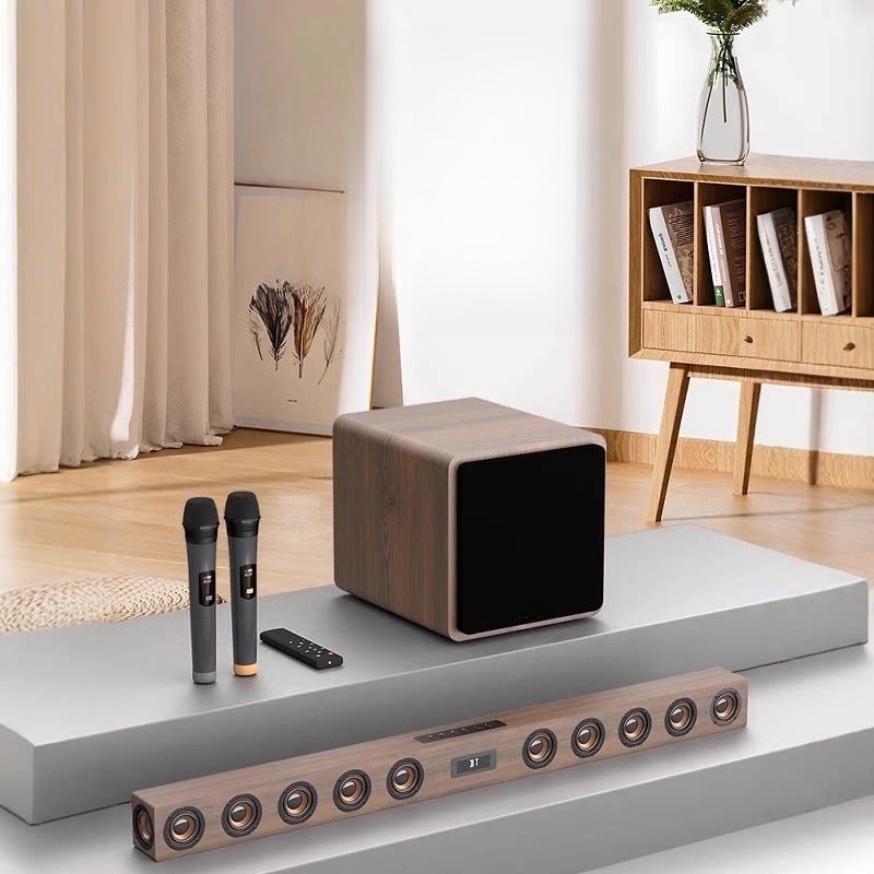 Home Cinema Karaoke Projector - Holz-TV-Audio-Set mit Flüster-Wandlautsprechern, Kabellosem Surround-Sound, Heimkino-Projektor