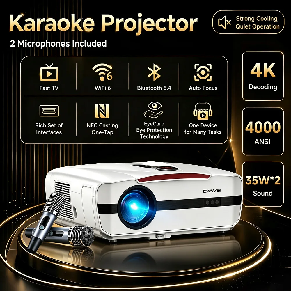Home Cinema Karaoke Projector - 4K-Projektor 4000ANSI Karaoke-Heimkino mit 2 Mikrofonen,